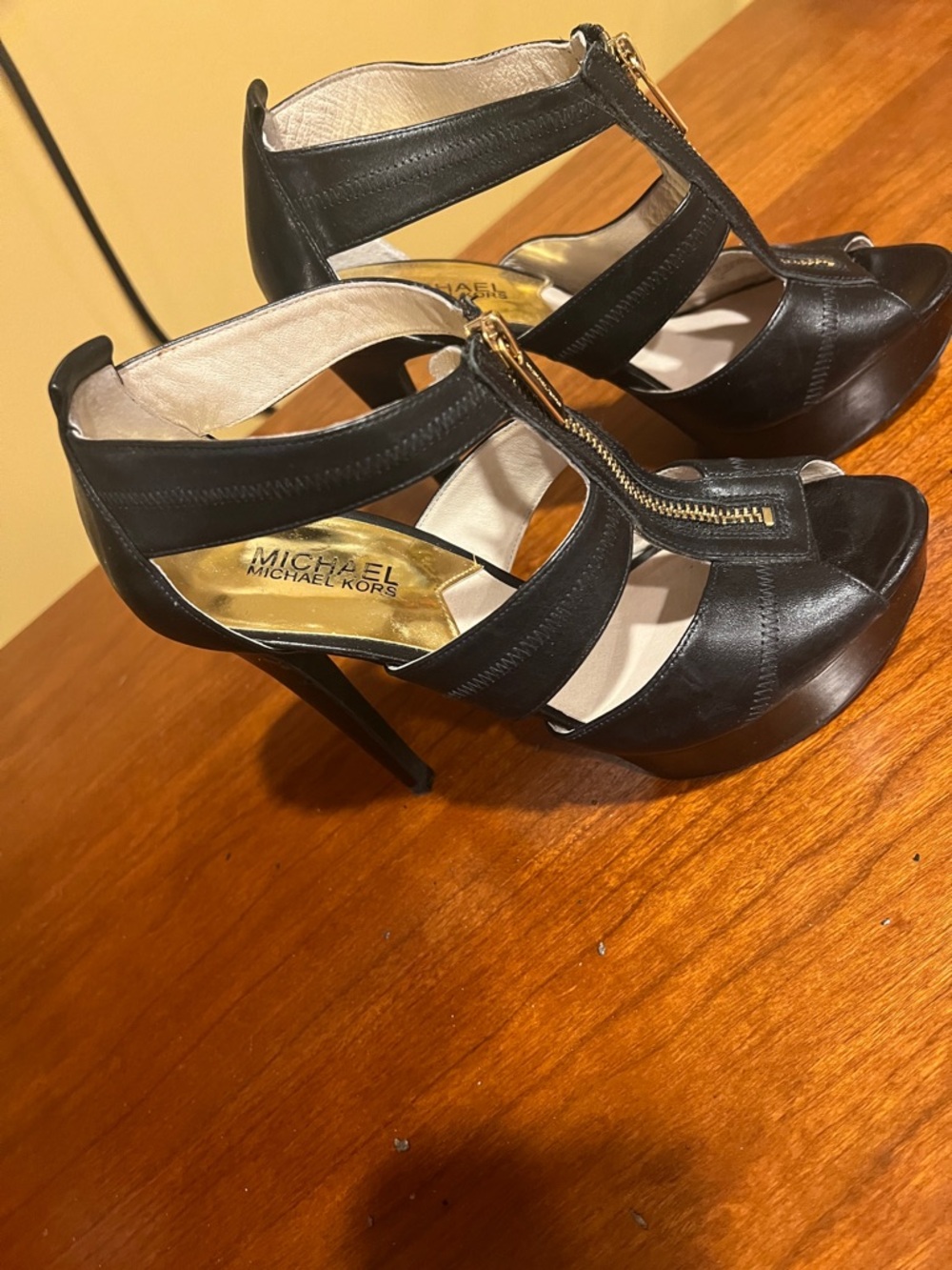 Michael Kors Black Leather Zip-T Strap High Heels